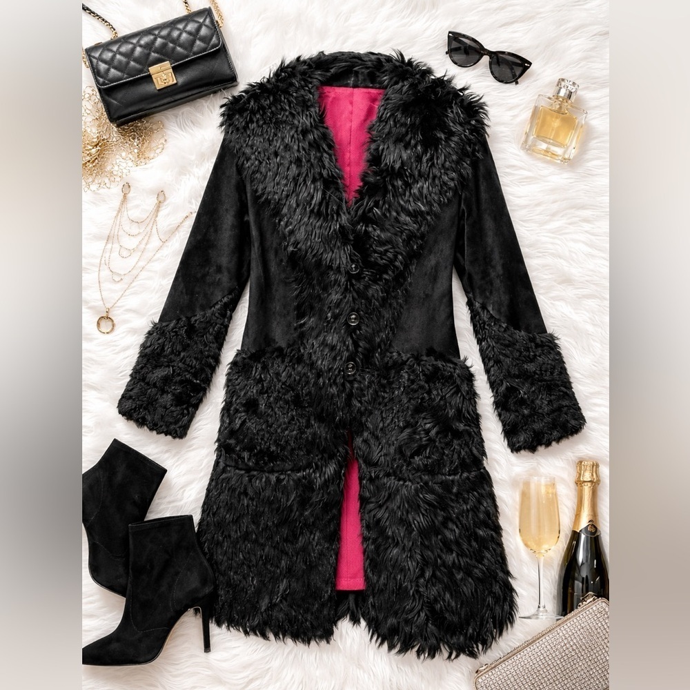 Black Coat Fur Leather Trim Luxury Lined Jacket M/L NWT